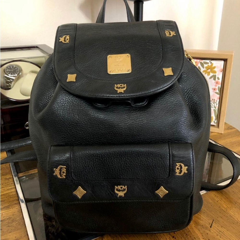 MCM Black Pebbled Leather Drawstring Backpack with Gold Hardware - Picture 2 of 6